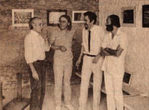 Gustave Tiffoche, P.-J. Buffy, Paul Morin et Bernard Neau dans la galerie de Tiffoche L'Orée, juillet 83